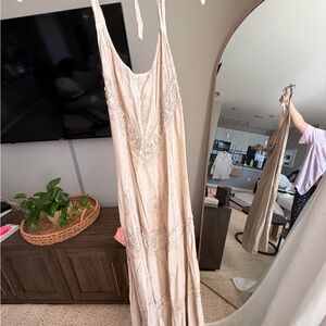 Bohemian Ruched Cream Slip Dress